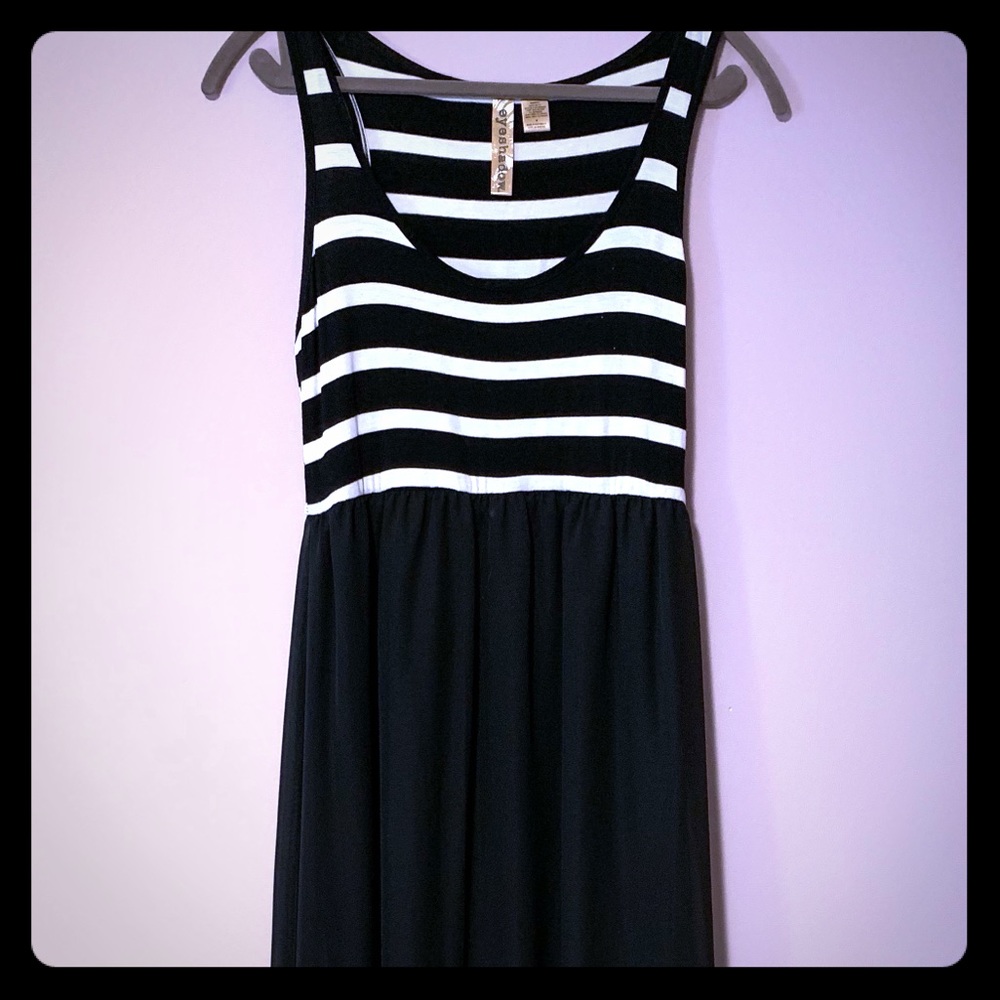 Maxi dress. Black/white striped top, black skirt.